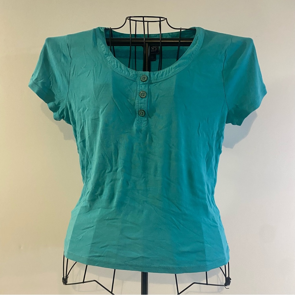 Chaps Classic 100% Cotton Green 1/4 Button Cap Sleeve Shirt Size L